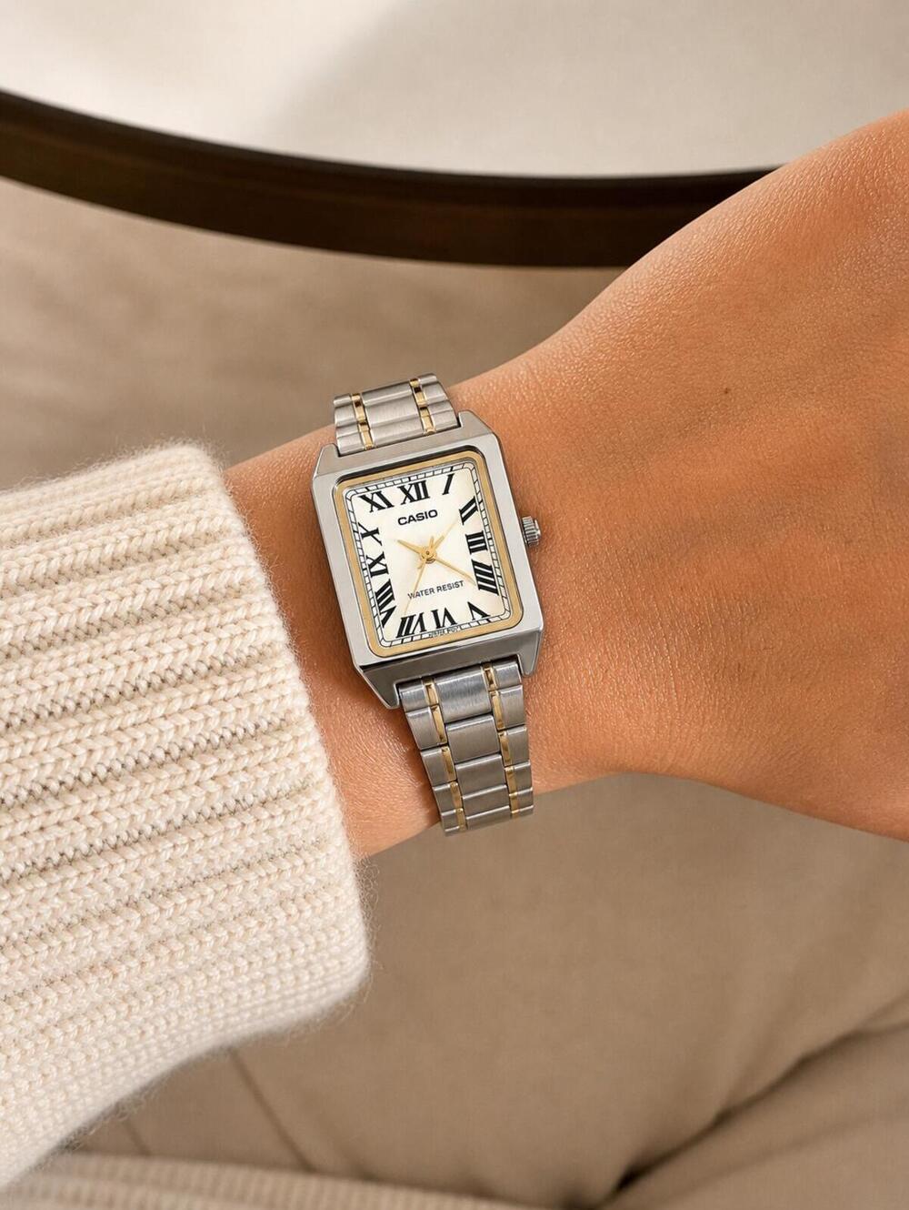 Gold and Silver Rectangular Watch Women Roman Dial Dress Watch Two Tone Classic